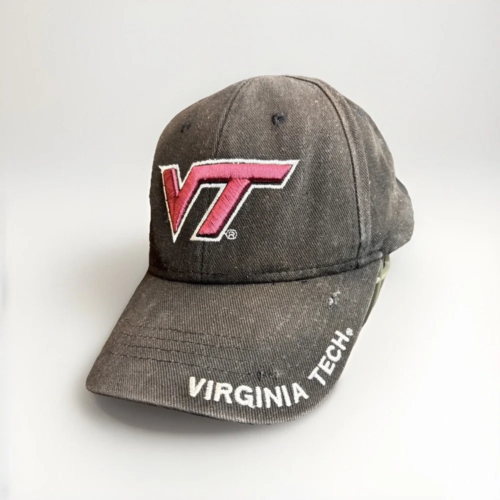 Vintage Virginia Tech Cap Black Hat 3D Embroidered Cotton Strapback Distressed